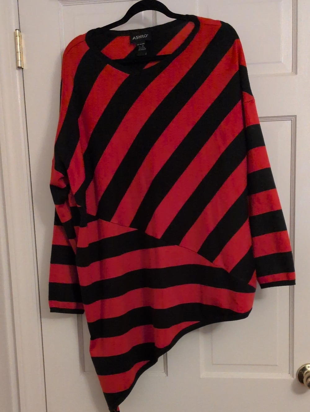 Ashro Red and Black Diagonal Stripe Asymmetrical Crewneck Sweater